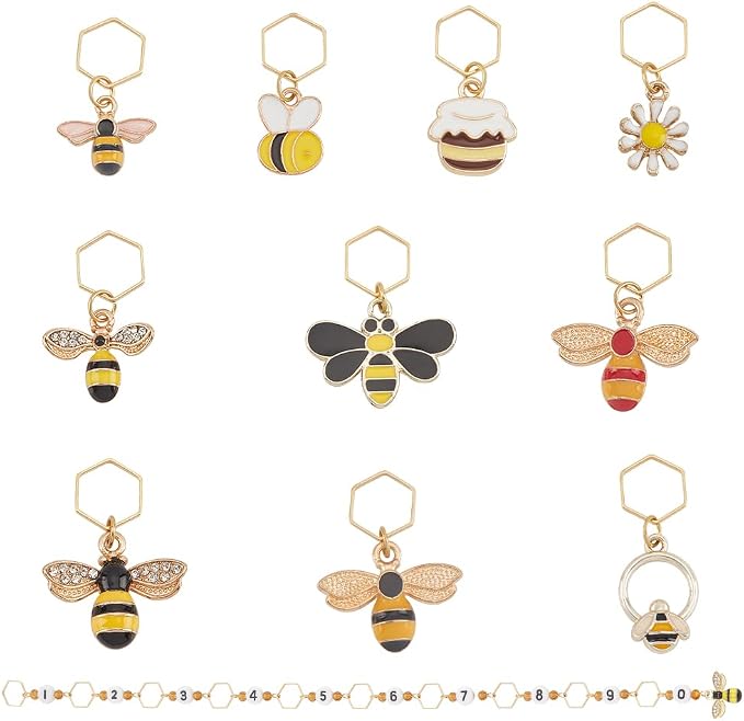 BENECREAT 11Pcs Bee Stitch Marker Charms, Honey Pot Daisy Enamel Charm Locking Stitch Markers, Acrylic Number Knitting Row Counter Chains with Hexagon Ring for Knitting Weaving Sewing Accessories