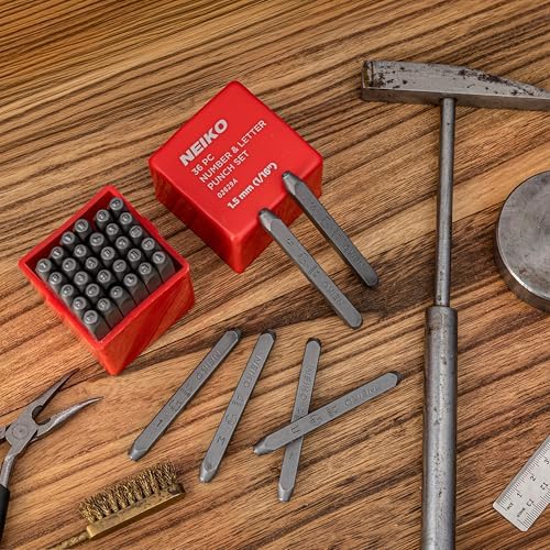 NEIKO 02629A Number and Letter Punch Set with Heat-Treated Steel Punches, Imprinting & Arts and Crafts, 1/16" (1.5MM) Shaft, 36 Pc Stamp Set, Uppercase Letter & Number Punch Set (A-Z / 0-8 / "&")
