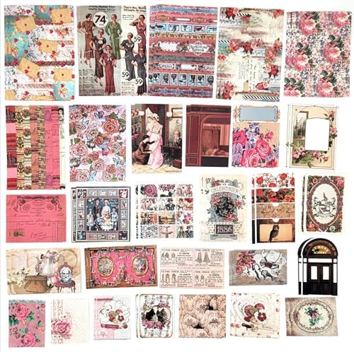 200PCS Vintage Scrapbooking Supplies Pack, Aesthetic Scrapbook Sticker Paper Art Journaling Kit for Junk Journals,Planner,Cottagecore Decor Gifts (Pink Retro Collection)