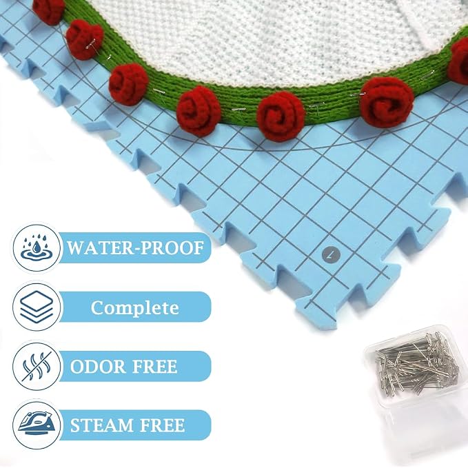 Yarniss 9PCS Blocking Mats for Knitting with 50 T-Pins & 8 Combs 12" x 12"