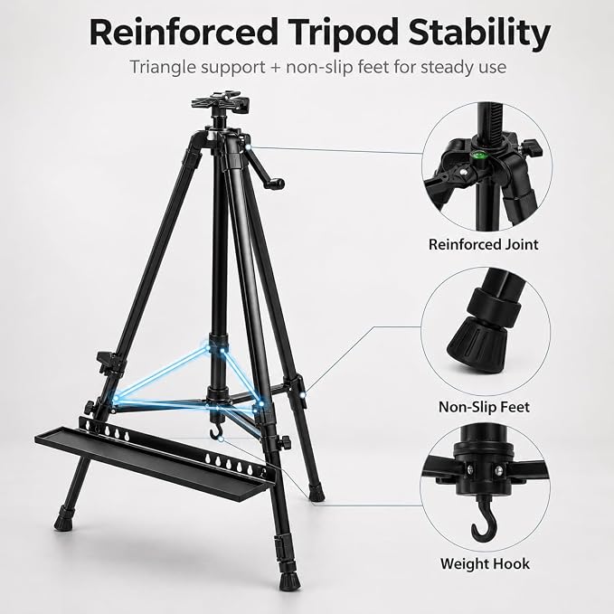 RRFTOK 21-61 Inch Adjustable Art Easel Stand for Painting with Tray | Portable metal easel with paintbrush tray for painting, canvas holder, artists, adults and floor use