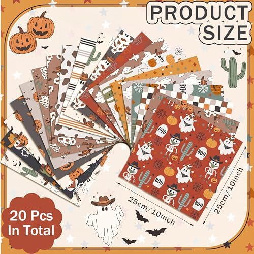 HunnmingRe 20 Pcs 10''x10'' Western Halloween Quilting Fabric Square Cowboy Ghost Precut Quiltted Fabric Cactus Pumpkin Lantern Cow Printed Patchwork Materials for Wild West Sewing DIY Craft Supplies
