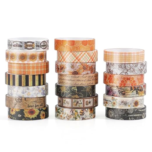 icceemee 20 Rolls Sunflower Theme Washi Tape Set with Different Colorful Patterns, Writable Decorative Tapes for Scrapbooking, Junk Journal Supplies, Bullet Journaling, 0.39'' x 79'' per Roll