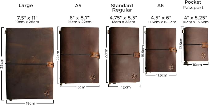 WANDERINGS Pocket Travelers Notebook – Refillable Genuine Leather Passport Size Journal – 4" x 5.25" (10 x 13.5cm) – Handcrafted – 80 GSM Blank Inserts – Small Travel Journal