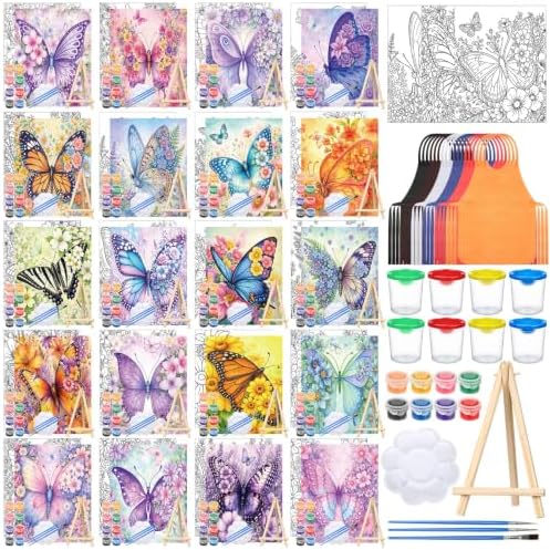 Sherr 140 Pcs 20 Set Pre Drawn Canvas Painting Kit, Butterflies and Flowers