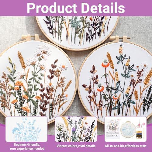 Hokoad 6 Pack Embroidery Kit for Beginners Flower Cross Stitch Kits for Adults Complete Embroidery Starter Kit with Hoop Floral Stamped Pattern Needles Threads Instructions, Gift for Hand Craft Lover