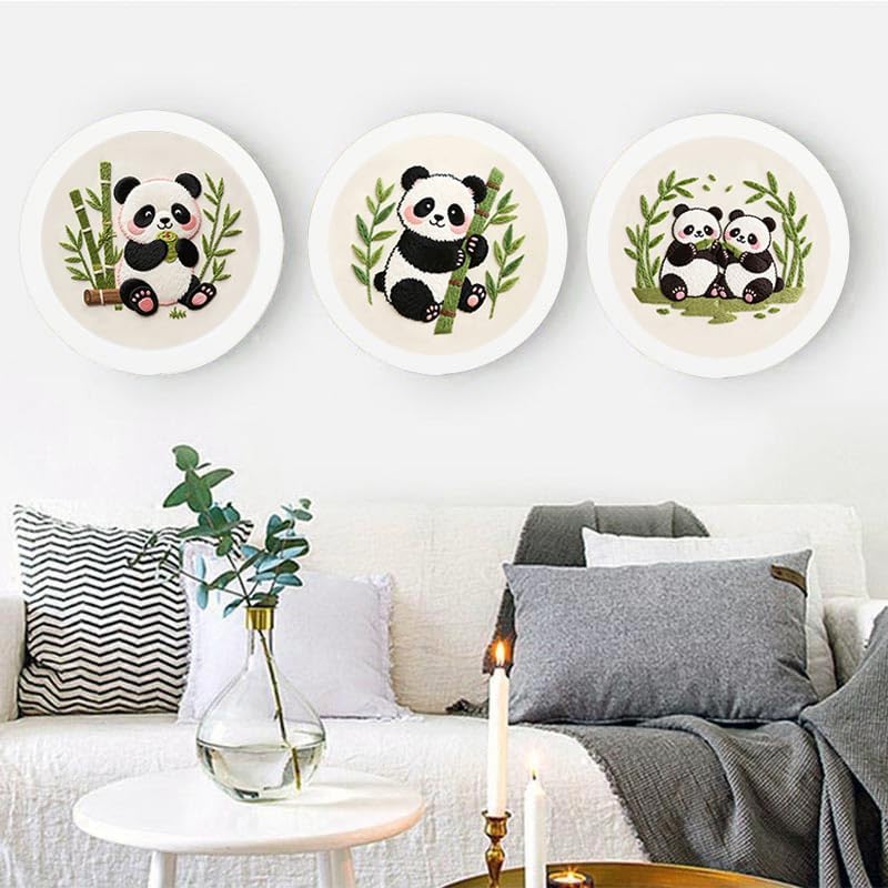 Konrisa Panda Embroidery Starter Kit for Beginners, Cross Stitch Kit with 3pcs Embroidery Pattern, DIY Sewing Project Adult Needlepoint Kit with Hoop, Set of 3
