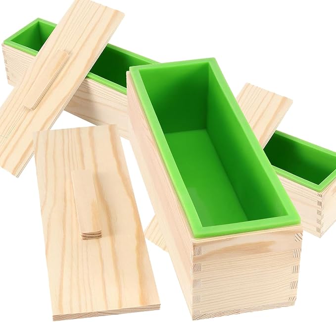 3PCS 47oz Silicone Soap Kit, Green Rectangular Silicone Loaf Soap Making with 3 Wooden Boxes and 3 Lids, DIY Supplies for Soap Making