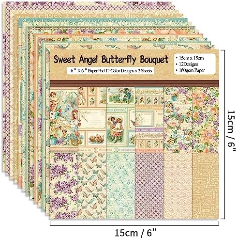 6x6" Cardstock Single Sided Scrapbooking,Craft Decorative Scrap Book Paper | 160gsm,24-Sheet 12Patterns Colored Paper,Junk Journal Supplies,Vivid Origami Papers DIY Craft Gift Wrapping Album.Ange