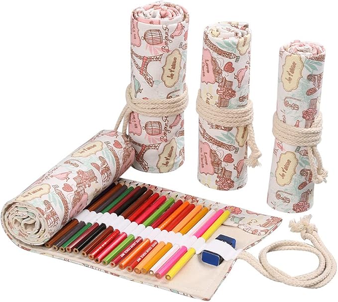DIYOMR 24/36/72 Slots Pencil Wrap Pencil Rolls, Artist Colored Pencils Roll Up Bag Short Brushes Pouch Case Pencils Organizer for Drawing Coloring and Sketching,No Pencils (Paris Tower, 72slots)