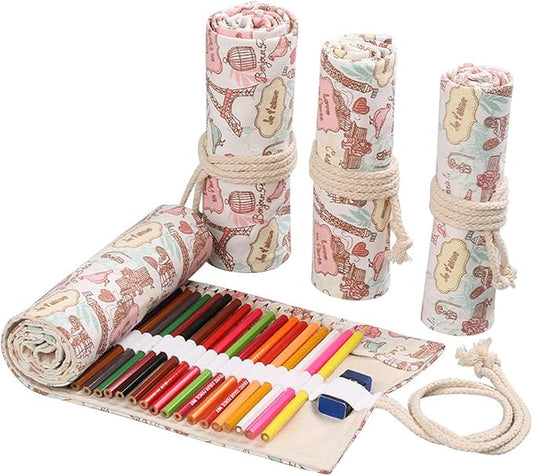 DIYOMR 24/36/72 Slots Pencil Wrap Pencil Rolls, Artist Colored Pencils Roll Up Bag Short Brushes Pouch Case Pencils Organizer for Drawing Coloring and Sketching,No Pencils (Paris Tower, 36slots)