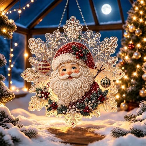 Cheerdox Christmas Pearl Diamond Arts Suncatcher DIY Kit, 5D Diamond Pearl Art Painting Acrylic Round Board with Lace Edge, Christmas Diamond Art Beads Craft Kit for Holiday (Style K)