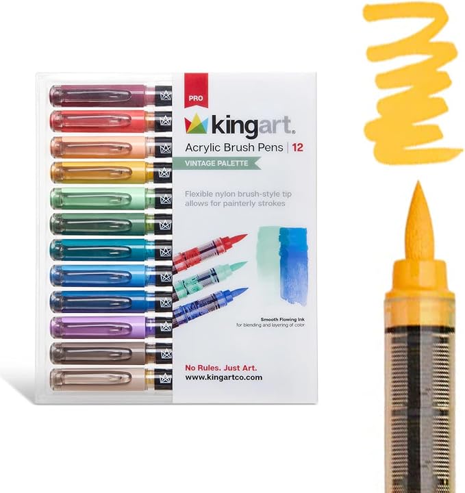 KINGART Acrylic Paint Markers Brush Tip, 12 Vintage Colors. Water-based, no-bleed, waterproof pens with automatic ink control for rock, egg, wood, fabric, glass & DIY crafts