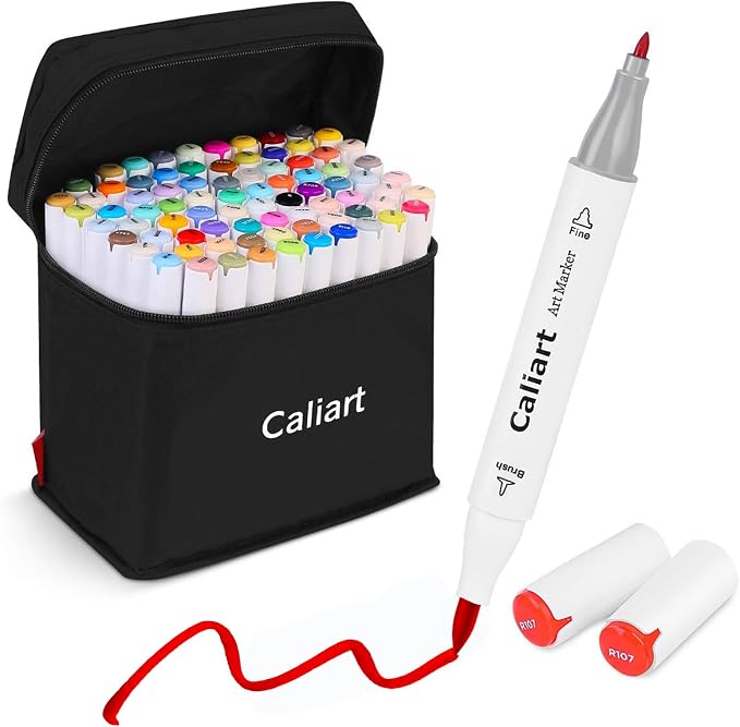 Caliart 81 Colors Alcohol Markers Dual Tip Brush & Fine Art Drawing Markers | Permanent Sketch Pens for Adults Coloring Book, Artists, Beginners, Hobbyists, Art Supplies Gifts, Colored Markers with Case