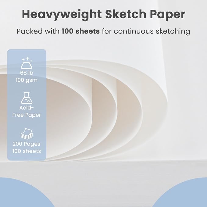 Cewei Drawing Pad 9x12, 100 Sheets Hardcover Spiral Bound, 68lb/100gsm White Paper Drawing Pad for Kids.