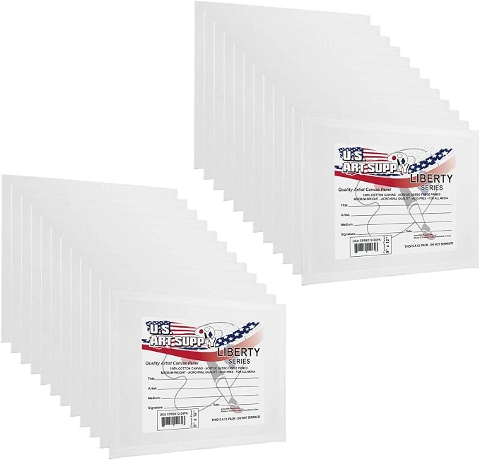 U.S. Art Supply 9 X 12 Inch Art Canvas Board Panels 24 Pack - 8 Ounce | Heavyweight Cotton Acid Free Canvases for Painting Acrylics and Watercolor (1 Case of 24 Single Canvas Painting Panels)