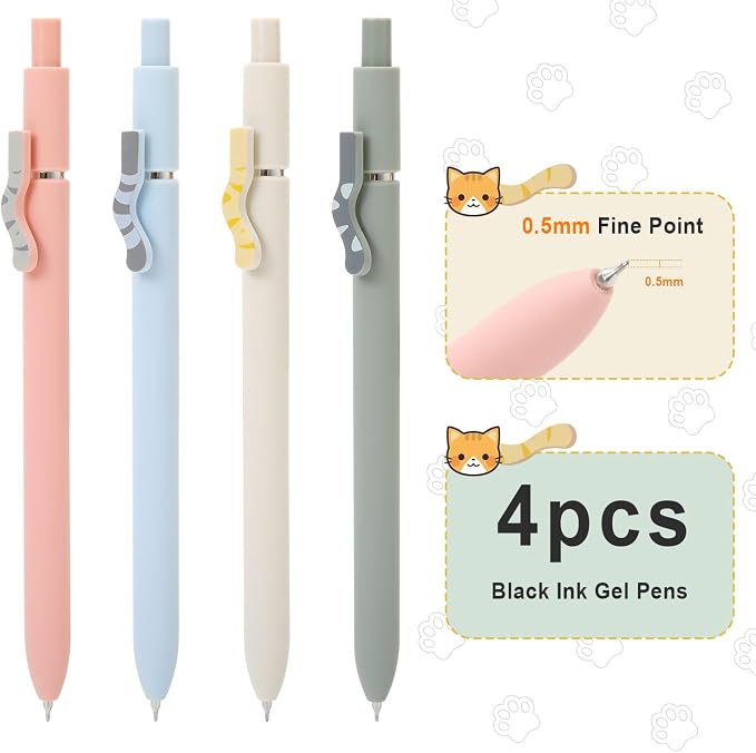 FIOVER Cat Pens, 4Pcs 0.5mm Black Ink Fine Point Pens for Journaling