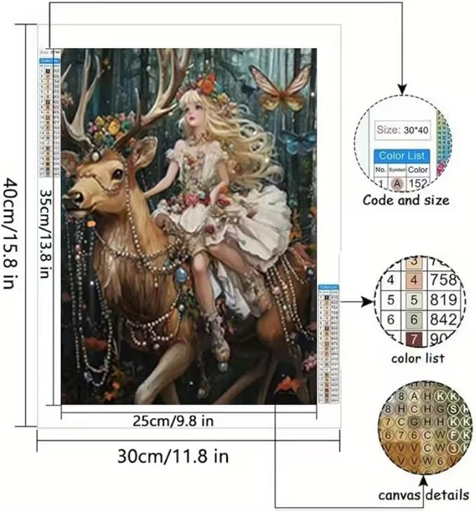 YUXUANKANG Fantasy Forest Fairy Riding Deer Diamond Painting Kit, Anime Girl with Flowers and Butterflies 12x16 inch