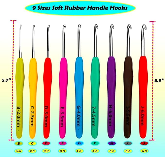 Yarniss 9 Sizes Ergonomic Crochet Hooks with Case 2.0mm~6.0mm for Beginner | Comfortable Crochet Hooks Set with Soft Grip