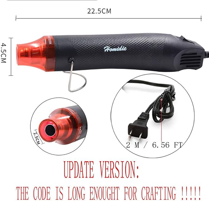 6.56FT Long Heat Gun, Uptdae Version Homidic Mini Handheld Hot Air Gun, Electric 300W Portable Heat Gun for DIY Craft Embossing, Shrink Wrapping PVC, Drying Paint, Clay, Rubber Stamp