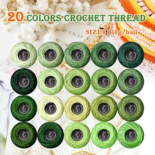Soft 20 Colors Classic Crochet Thread 20 Pack,100% Cotton (Christmas Green-369-702)