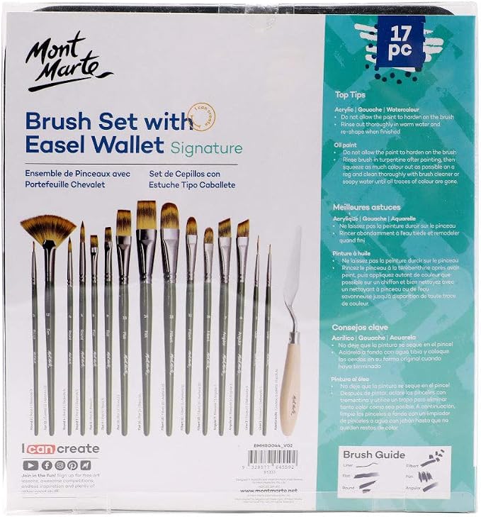 Mont Marte Signature Brush Set with Wallet, 17 Piece, Suitable for Oil, Acrylic, Watercolor and Gouache Paint, Easel Wallet Included