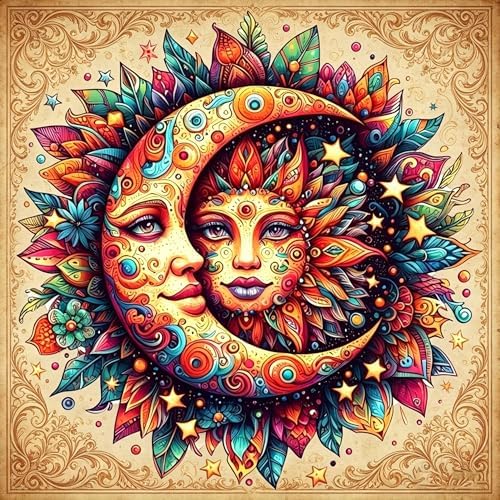 ijbnhd Sun and Moon Diamond Art Kits for Adults Round Full Drill 14x14inch