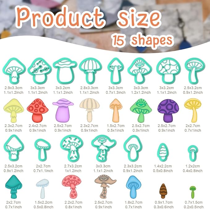 ACRNIGHEET Mushroom Clay Cutters - 15pcs 3D Clay Cutters for Polymer Clay, Clay Cutters Shapes Mushroom, Cookie Cutter, DIY Earring Making Tools with Storage Box