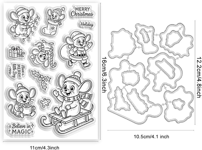Card Making Stamps and Cutting Dies Set(Christmas Mouse) | Durable Silicone Stamps and High - Quality Carbon Steel Dies for Card Making, Photo Albums and Diary Decoration
