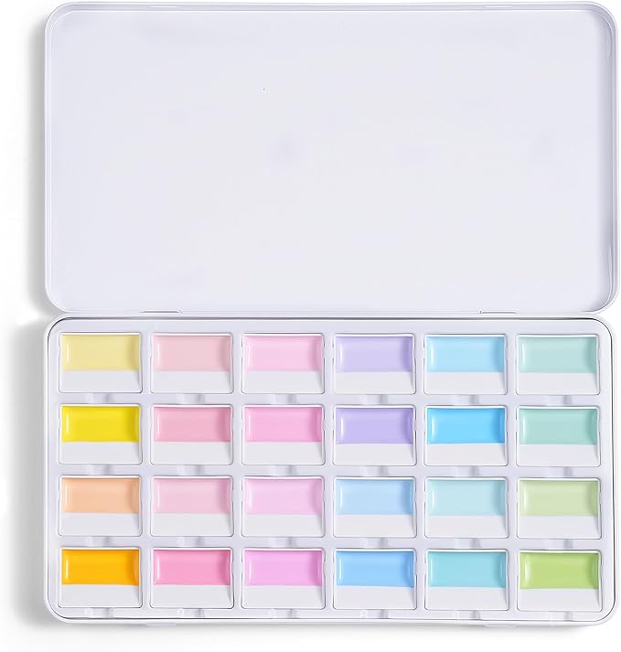Fuumuui CREAMORA Watercolor Paint Set 24 Colors Opaque Semi-Solid - Muted Cream Dreamy Macaron Tone for Soft Gradient, Professional Art Supplies for Adult Artists & Beginners Painting Sketching