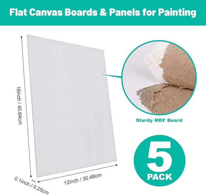 Canvas Boards 5-Pack 12"x16" – Flat Canvas Panels, Primed Polyester | Rigid Flat Panel, Acid-Free Primed Surface, Warp-Resistant Backing, Smooth Painting Texture, Ideal For Acrylic & Oil Painting