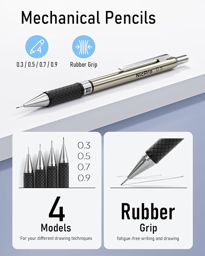 Nicpro 37PCS Art Mechanical Pencil Set, 4PCS Metal Drafting Pencil | 0.3mm, 0.5 mm, 0.7 mm, 0.9 mm & 2PCS 2mm Lead Holder (6B 4B 2B HB 2H 4H Colors) For Sketching Drawing With 23 Tube Lead Case