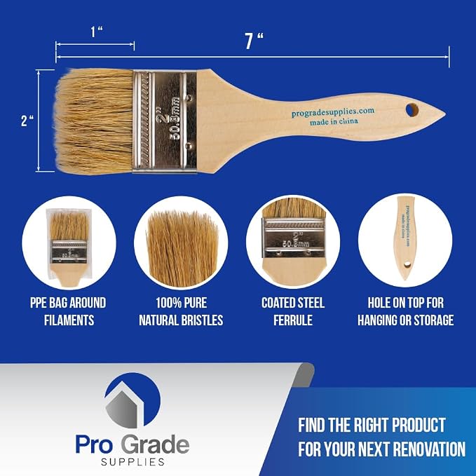 Pro Grade 2" Chip Brushes, Disposable Paint Brushes, for Paint, 36 Pack | Natural bristle, wood handle | Contractor Pack | For Stain, Glue & Epoxy | Cabinets, Furniture, Fences