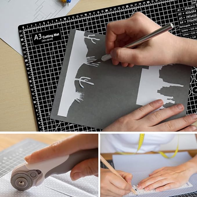 Headley Tools 18"x12" Thickened Self Healing Cutting Mat, A3 Rotary Cutting Sewing Mat for Crafts, Double Sided 5-Ply Table Cutting Board for Fabric Quilting Leather Hobby Project, Grey/Black