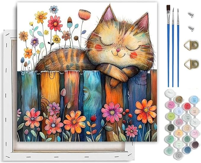 TCDZMYGS Cat Paint by Numbers Kit for Adults Beginner,Flowers Adult Paint by Number Kits on Canvas with Frame,DIY Acrylic Oil Painting by Numbers Kits for Home Wall Decor 10x10 inch