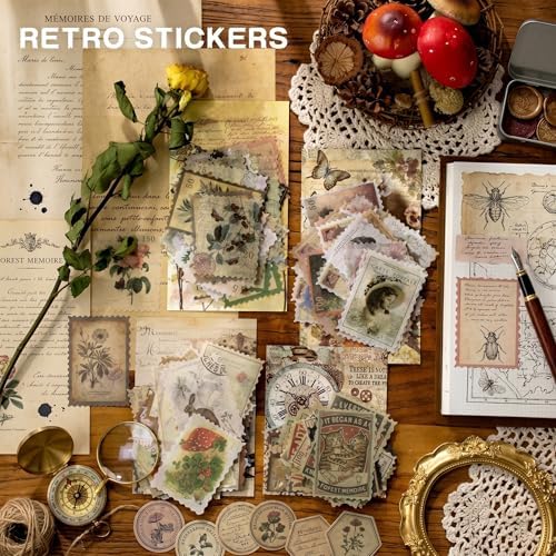 240pcs Vintage Postage Stamp Stickers, Aesthetic Botanical Deco Paper Sticker for Scrapbooking, Journaling Supplies, Planners, Kid DIY Art Crafts, Bullet Journal