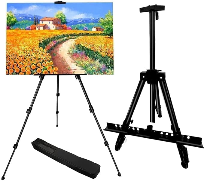 RRFTOK Art Easel Stand, 17-66 in Adjustable Metal Tripod with Bag | Dual-layer supports canvas or signs at two heights; adjusts up to 72 in with spring clip and reinforced chain for stability.