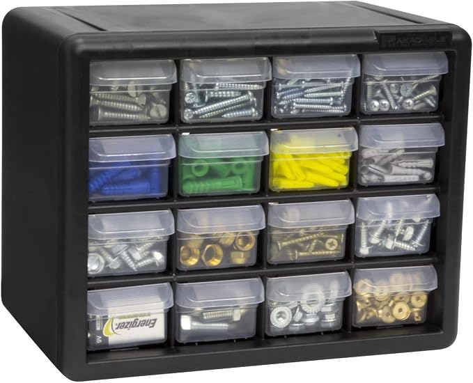 Akro-Mils 16-Drawer Plastic Storage Cabinet, 10.5"W x 6.5"D x 8.5"H, Black | Plastic Cabinet w/ Drawers for Garage Organization, Beads, Makeup Organizer, Building Bricks Storage, Teacher Toolbox, 10116