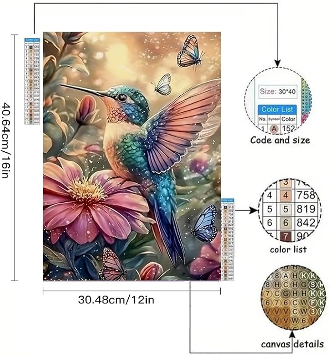 YUXUANKANG Diamond Art Kits for Adults, Hummingbird and Butterflies with Flowers Theme, 5D Diamond Painting Craft Set 12X16 Inch