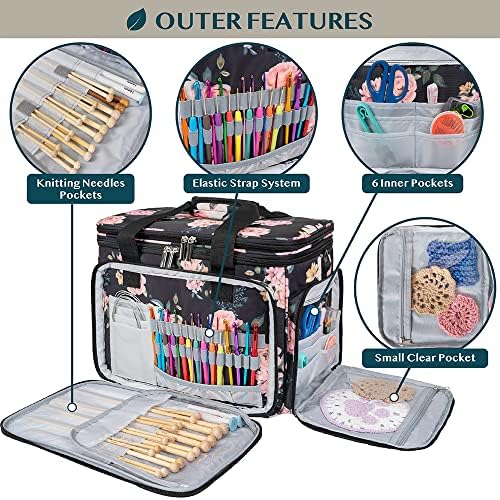 PAVILIA Knitting Yarn Storage Bag Crochet Knitter Organizer, Floral Black