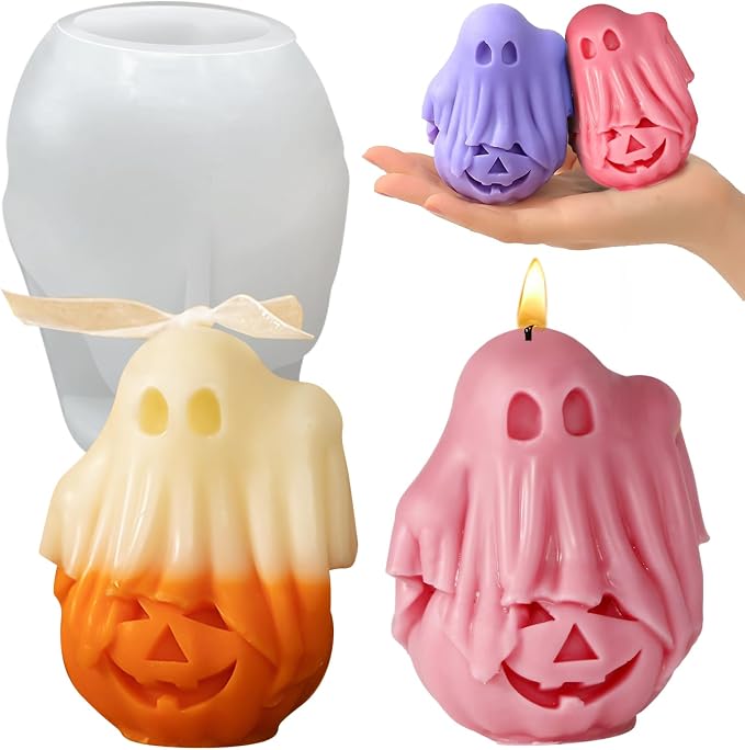 Halloween Molds, Little Ghost Stepping on Pumpkin Candle Molds | 3D Halloween Pumpkin Silicone Mold for Candle Making, Epoxy Resin Casting, Handmade Soap, DIY Crafting Gift Home Decor