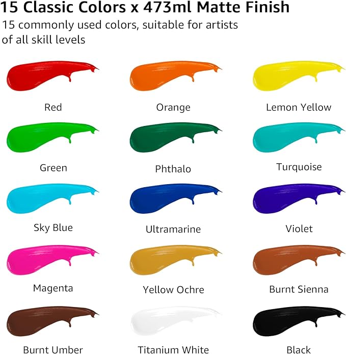 ABEIER Large Bulk Acrylic Paint Set, 15 x 16 fl oz, Non-Toxic
