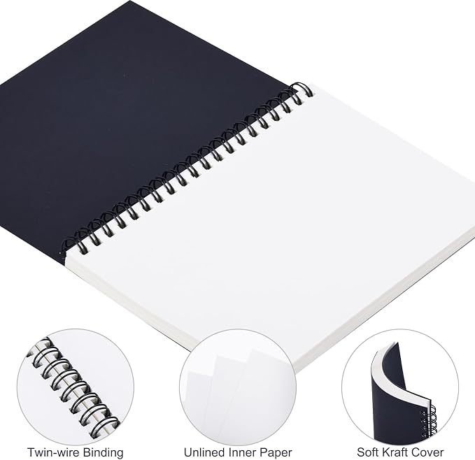 EOOUT 3 Pack Blank Spiral Notebooks B6 Sketchbooks, 140 Pages / 70 Sheets, Unlined Journals 5 x 7in 100GSM for Drawing, Art, Students, Office (Black)