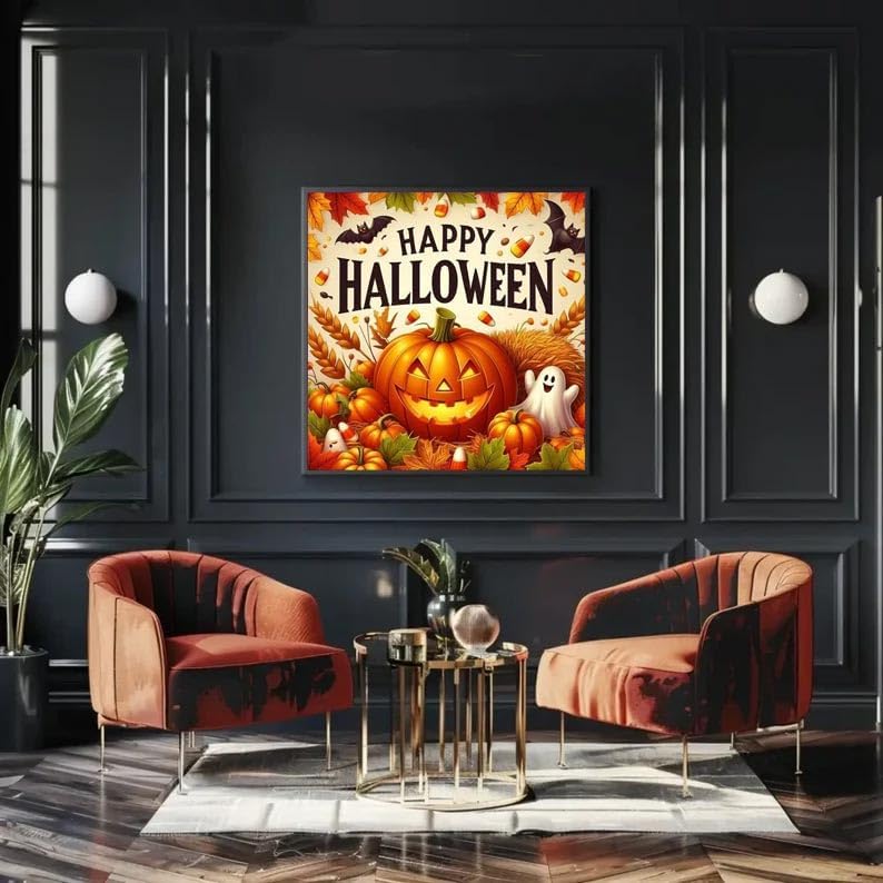 KYOQFVN Halloween Diamond Art Kits for Adults, Pumpkin Diamond Painting Dots Gem Art, DIY Paint by Diamonds for Wall Decor for Home Office 14x14 Inch