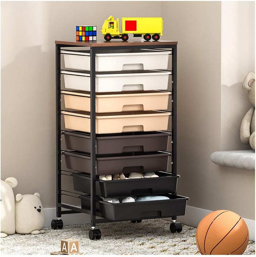 SYKIARIOL Rolling Cart with Drawers, 8 Drawers Utility Cart, Brown Gradient | Craft Organizers and Storage Cart with Wooden Top for Living Room,Classroom,Bedroom,Dorm,Home Office