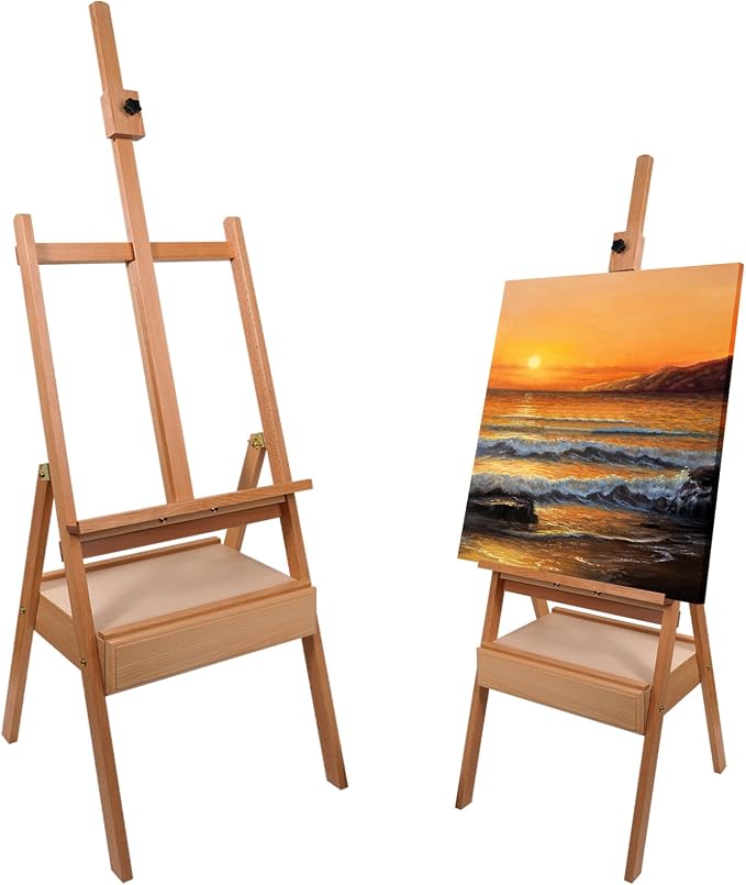 Beech Wood H-Frame Easel, 59"–75" Adjustable Height Studio Easel with Drawer & Shelf, 41" Canvas Holder 20KG Load, Heavy Duty Art Easel for Adults Artists Students Painting Display