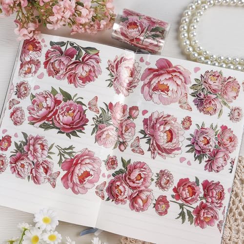 Sitsink PET Tapes - Pink Flower Scrapbook Supplies, Transparent Floral Tapes for Junk Journal Planner