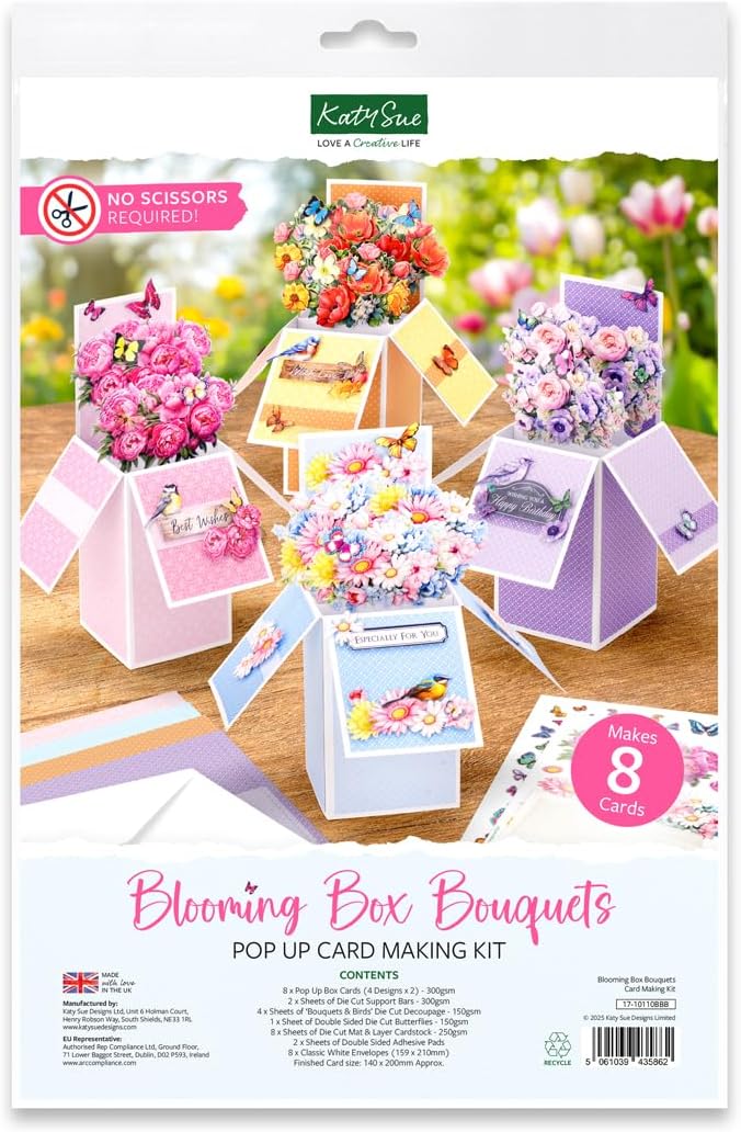 Katy Sue Blooming Box Bouquets Pop Up Card Making Kit. Make 8 3D Floral Box Cards. All-in-one Kit: Die-Cut Decoupage, Cardstock, Adhesive Pads, Envelopes & Instructions for Card Making Supplies