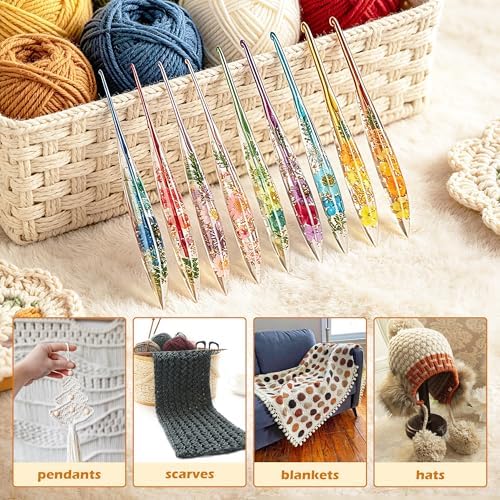 Coxyzoxy 9 Pcs Crochet Hook Set, Crochet Kit for Beginners Made of Epoxy Resin, 2.0mm-6.0mm Ergonomic Crochet Hooks, Perfect for Crocheting Blankets, Dolls, Shawls, Hats, and Scarves
