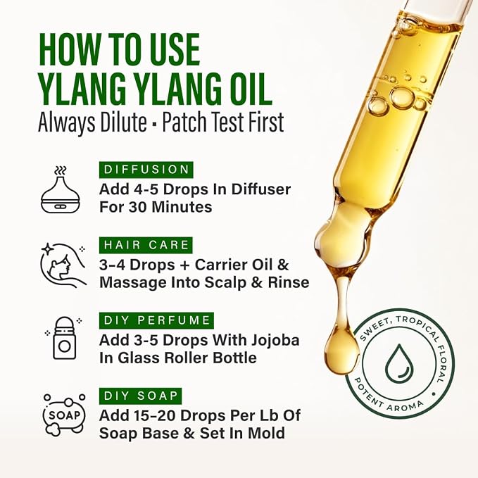 100% Pure Ylang Ylang Essential Oil 4 Fl Oz - for Hair, Skin and Diffuser | Ylang Ylang oil, Undiluted Floral Aroma, Aromatherapy, Perfume Blends, GC/MS Tested, with Dropper, Body and Scalp Care